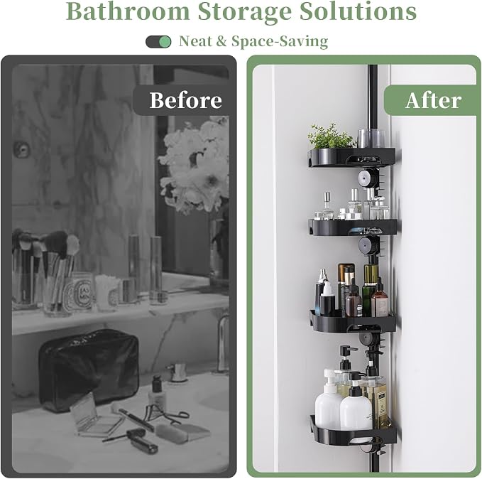 akinbas Tension Pole Shower Caddy Organizer with 4 Tier L-Shaped Rust Resistant Bathroom Corner Shelves with 34-124 Inch Adjustable No Drilling Quick Install Shower Rack for Bath Essentials (Black)