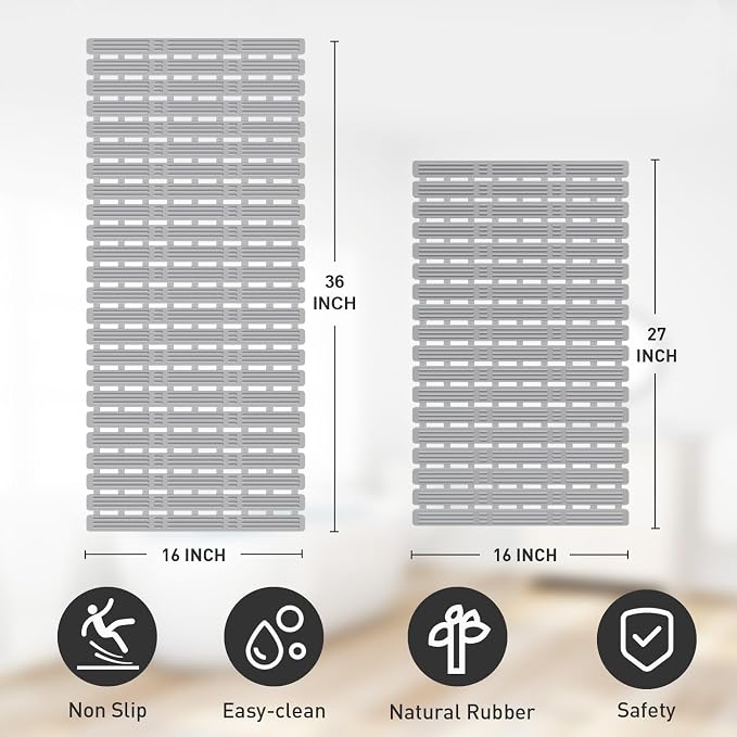 XIYUNTE Shower Mat Non Slip Bathtub Mat, 36 x 16 inches Rubber Bath Mat for Tub Non Slip Shower Mats for Inside Shower with Powerful Suction Cups and Drain Holes, Easy to Cut, Light Grey