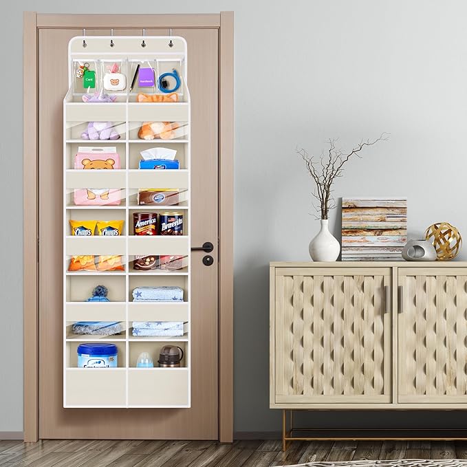 Univivi 6-Shelf Baby Door Storage Over Door Fabric Hanging Organizer with 10 Deep Pockets and 4 Small PVC Pockets Wall Mount Hanging Storage Organizers for Baby Essential (Beige)