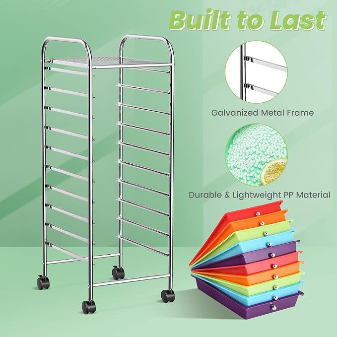 10-Drawer Rolling Storage Cart, Trolley w/Lockable 360° Wheels, 10 Removable PP Drawers, Sturdy Metal Frame, Rolling Utility Cart Perfect for Home, Office, Classroom (Multi-Colored)