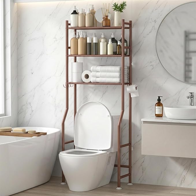 GloTika 3-Tier Over Toilet Storage with Anti-Tilt Safety System - 150lb Total Capacity Metal Bathroom Shelves Including Paper Holder & 4 Hooks, Space Saving Above Commode Organizer (64" H, Bronze)