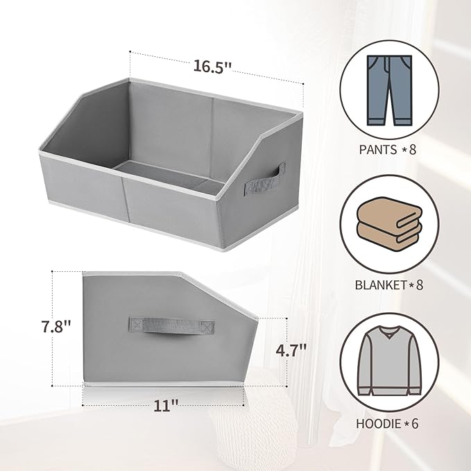 Homsorout Trapezoid Closet Shelf Organizer - Large Baskets for Organizing, Fabric Storage Cubes for Shelves, Storag Organizers Bins for Clothes, Blankets, 3 Pack, Grey