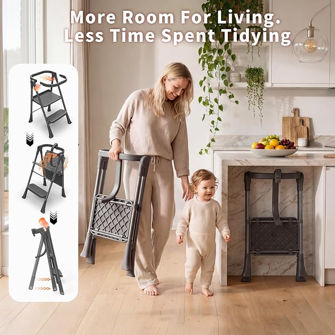 Toddler Step Stool Foldable, Kids Step Stools for Kitchen Counter, Foster Independence Learning Stool with Safety Guards&Net, Toddler Sturdy Standing Tower Kitchen Helper,Black
