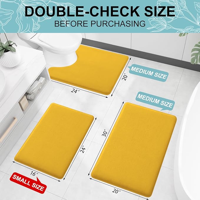Smiry Memory Foam Bath Mat 24x16, Extra Soft and Absorbent Bathroom Mats, Non Slip Washable Carpet for Floor, Shower and Tub, Yellow