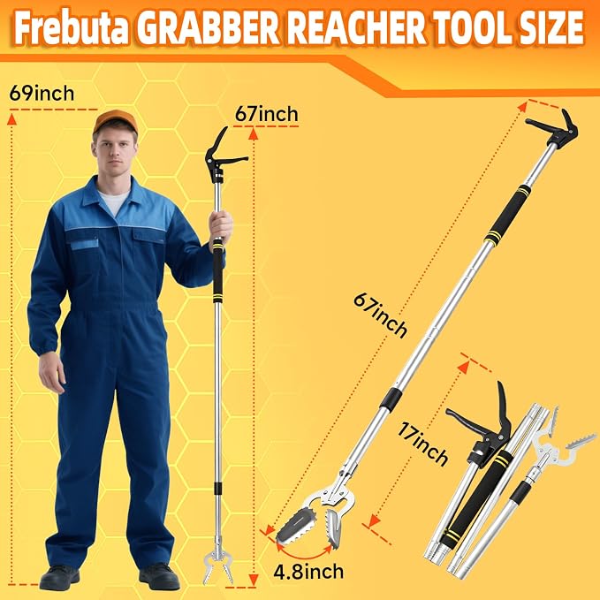 Heavy Duty Reacher Grabber Pickup Tool,67inch Extra Long Fireplace Fits Grabber Reacher Tool Aluminum Alloy Trash Picker Wide Jaws Hollow Wood Grabber Tool Log BBQ Tongs Study Durable Handle