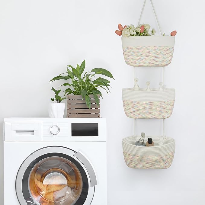 TeoKJ Over the Door Hanging Basket, 3-Tier Woven Cotton Wall-Mounted Storage Organizer Bag Decorative Hanging Nursery Baskets, White & Rainbow Stitching