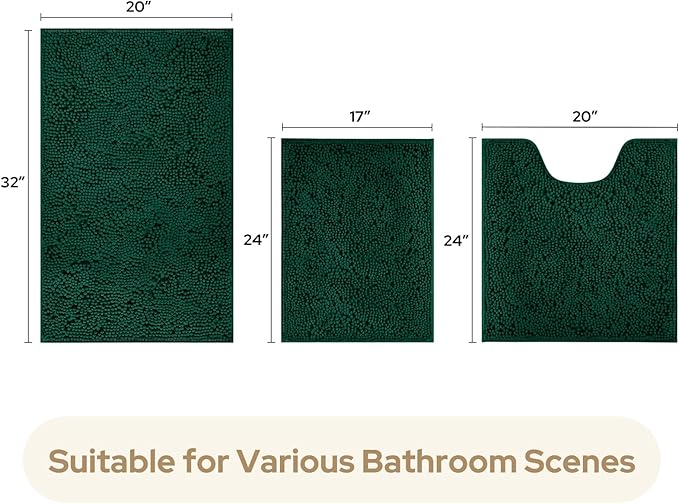 HOMEIDEAS 3 Pieces Bathroom Rugs, Ultra Soft Non Slip Absorbent Chenille Toilet Bath Mat Set (Dark Green)