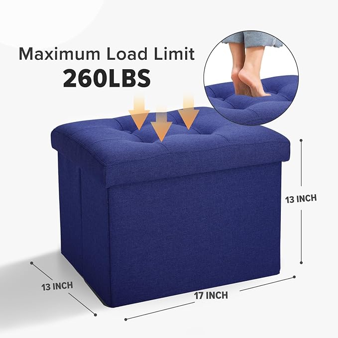 LINMAGCO Small Storage Ottoman Stool Foot Rest Stool Under Desk Stool Short Folding Ottoman Linen Cloth Navy 17X13X13IN