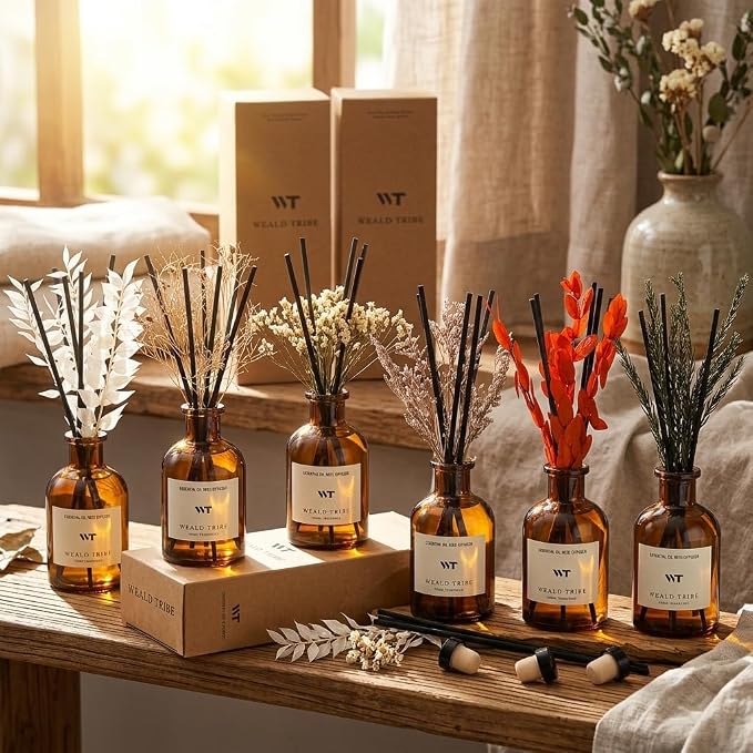 WEALD TRIBE Reed Diffuser Set for Bathroom Air Fresheners, Oil Diffuser Sticks | Hotel White Tea Scent 4.0 fl oz Home Fragrance with Sticks Defusers | House Bedroom Office Shelf Decor