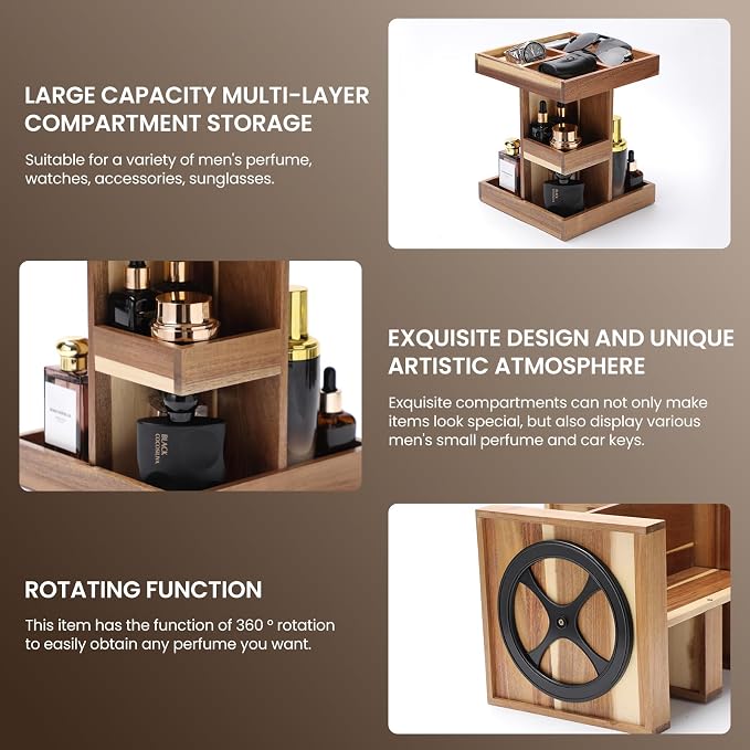 EXIN DECHEN Cologne Organizer for Men,Cologne Stand,3 Tier Wooden Perfume Shelf with Rotate,Desk Organizer,Gift for Dad From Wife,Husband Boyfriend Birthday Gift Ideas,Fathers Day Gift for Men