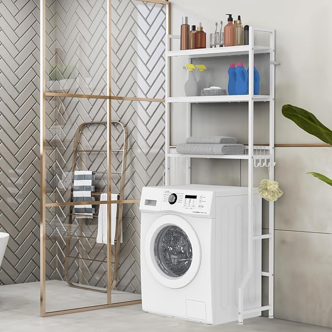 Over the Toilet Organizer White Over the Toilet Shelf with Paper Holder and 3 Hooks 3 Tier Over the Toilet Storage Rack for Restroom, Laundry Bathroom Over the Toilet Cabinet for Small Space