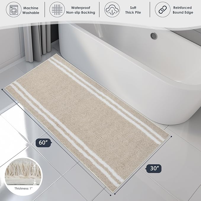 PURRUGS Bathroom Rug Non-Slip Machine Washable 30" x 60", Super Absorbent and Quick Dry Shaggy Microfiber Bath Mat, Extra Soft and Plush Bath Rug for Bathtub, Shower, and Sink, Beige