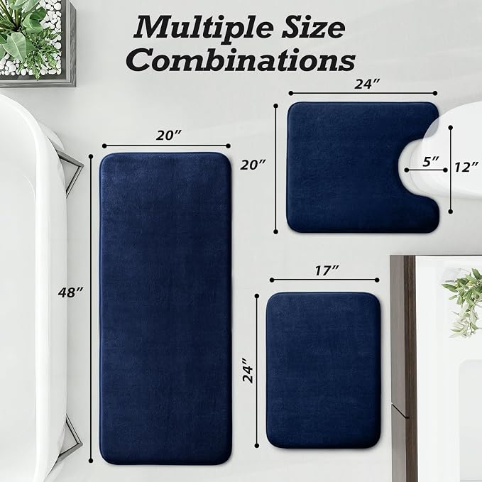 HUXMEYSON Bathroom Rugs Sets 3 Piece, Non-Slip & Quick Dry Bath Mat Set, Ultra Soft Velvet Bath Rugs for Bathroom, Toilet and Shower Floor, Navy