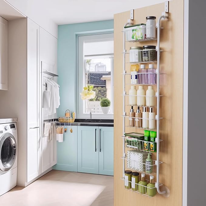 Delamu Narrow Over The Door Pantry Organizer, 8-Tier Metal Pantry Door Organization and Storage for Easy Install, Hanging Spice Rack Shelves, Door Organizer for Kitchen, 4.65"D x 13"W x 65"H, White