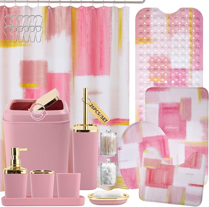 XLHOMO Bathroom Accessories Set - 26PCS Pink Bathroom Set, Bathroom Accessory Set with Shower Curtain and Rugs and Bathtub Mats for Home