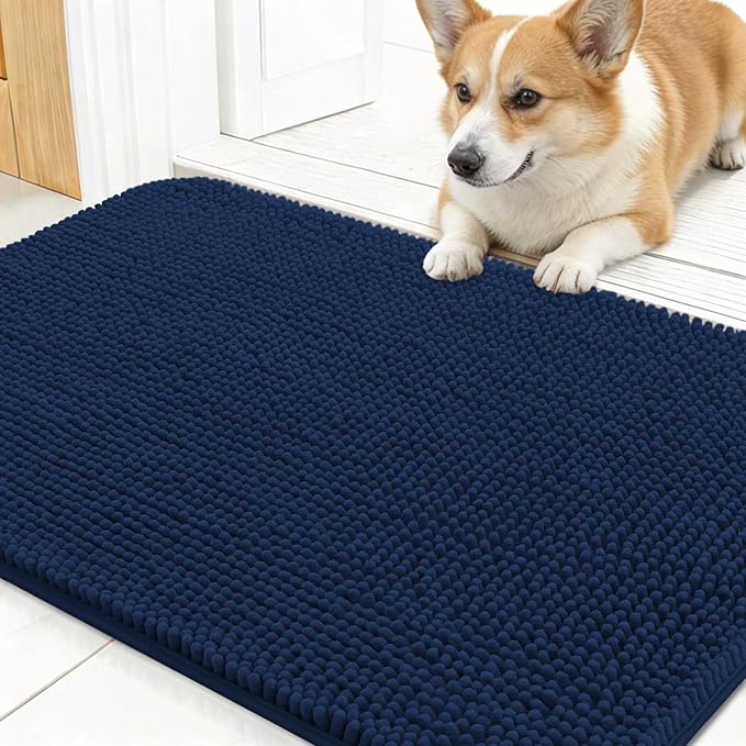 OLANLY Dog Door Mat for Muddy Paws 24x16, Absorbs Moisture and Dirt, Absorbent Non-Slip Washable Doormat, Quick Dry Chenille Mud Mat for Dogs, Entry Indoor Entryway Carpet for Inside Floor, Dark Blue