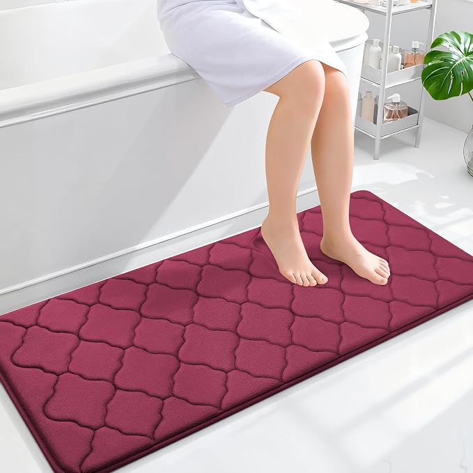 OLANLY Memory Foam Bath Mat Rug 47x20, Ultra Soft and Absorbent Bathroom Rugs, Non-Slip, Comfortable, Machine Washable Bath Carpet for Bathroom Floor, Tub, Shower and Home Decor Accessories, Burgundy