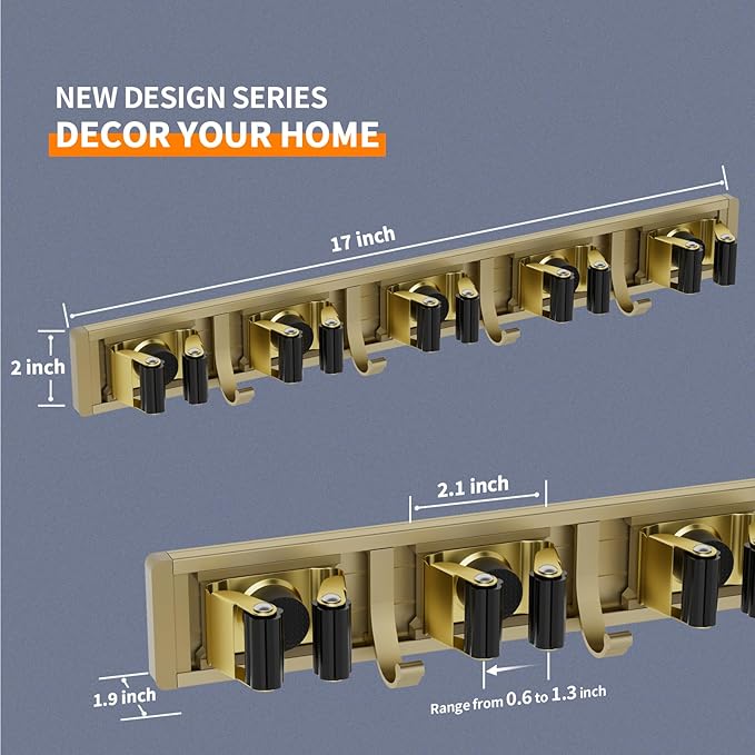 reliahom Broom Holder Wall Mount, 5 Racks with 4 Hooks Bronze - Mop Storage Tool Racks, Broom Hanger Tool Organizer for Garage, Kitchen, Garden, Laundry Room