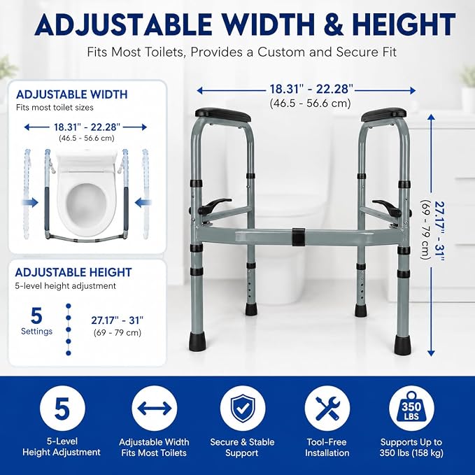 Toilet Safety Rails for Seniors, Foldable Stand Alone Toilet Safety Frame with Adjustable Handles, Freestanding Bathroom Rail for Easy Sitting & Standing, Fits Standard & Elongated Toilets, 350 lbs