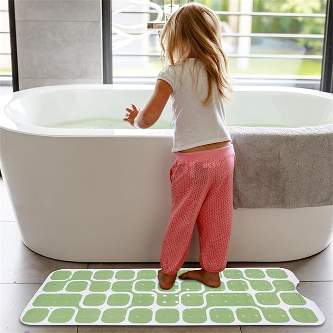 Bathtub Mat Non Slip 40x16 Inch Extra Long Bath Mat, Green Modern Art Shower Mat Non Slip Bath Mat for Tub Anti Slip with Large Drain Holes and Suction Cups,Geometric Design Bathroom Mat for Decor