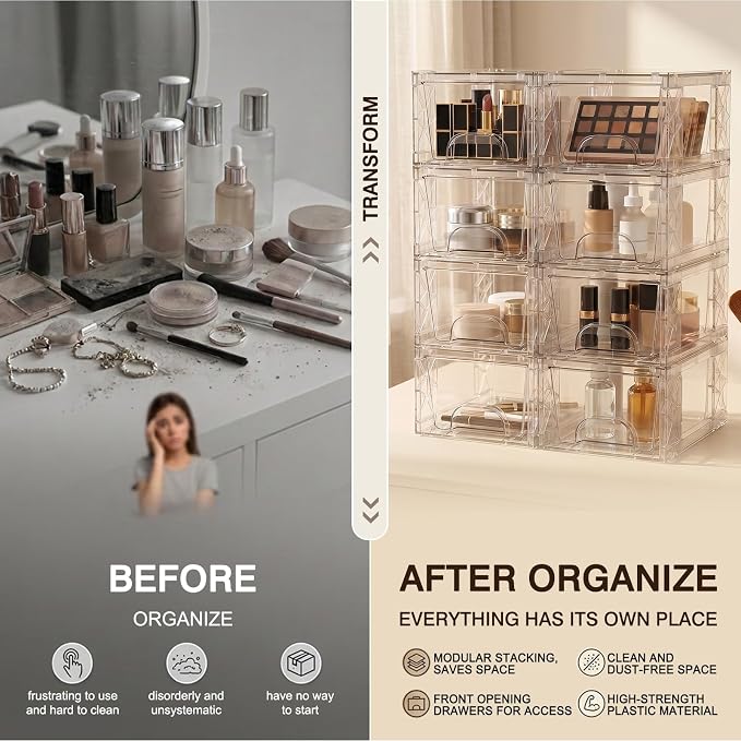 Plastic Storage Drawers, 4.4in Stackable Box 8 Pack Simply Assembled Bins Containers Suitable for Cosmetics, Bathroom, Kitchen, Cabinets
