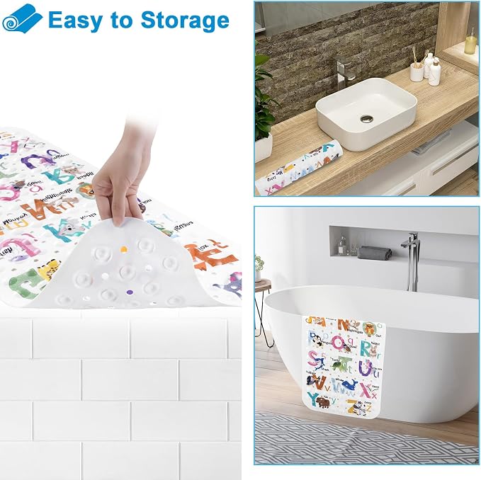 Topotdor Baby Bath Mat for Tub for Kids, 40 X 16 Inch Extra Long Toddler Bathtub Mat Non Slip, Machine Washable Bathroom Shower Floor Mat with Suction Cups & Drain Holes, Alphabet Animal