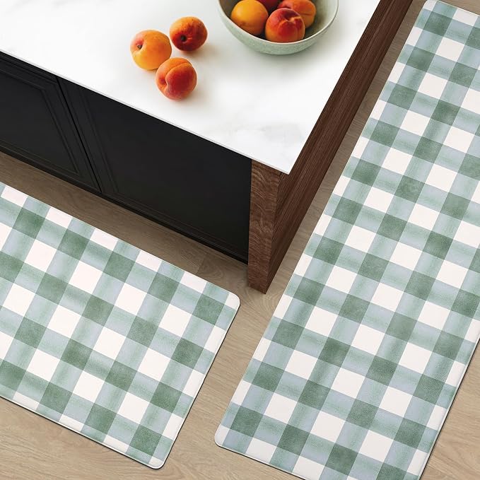 FRESHMINT Modern Farmhouse Plaid 2 Piece Set Kitchen Mats for Floor Anti Fatigue Waterproof & Non-Skid Kitchen Rugs Cushioned Kitchen Mat for Standing Washable Comfort Desk Kitchen Runners