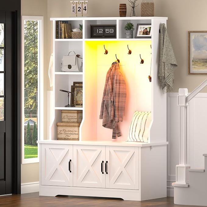 CSZZD White Hall Tree with Bench and Shoe Storage, Entryway Bench with Coat Racks and Led Lights, Farmhouse Tall Hall Tree with 7 Coat Hooks, 6 Storage Cubbies, Adjustable Shelf
