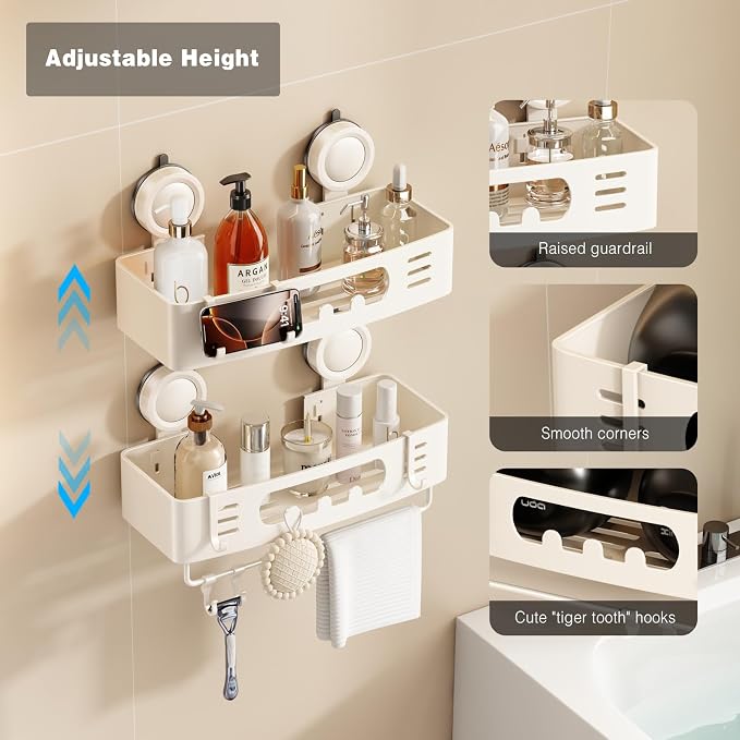 Voldra Shower Caddy Suction Cup, Shower Shelves for Inside Shower No Drilling, Aluminum Suction Showers Organizer for Wall with Towel Bar & Hooks Removable Bathroom Storage Rack (2 Pack-Cream White)