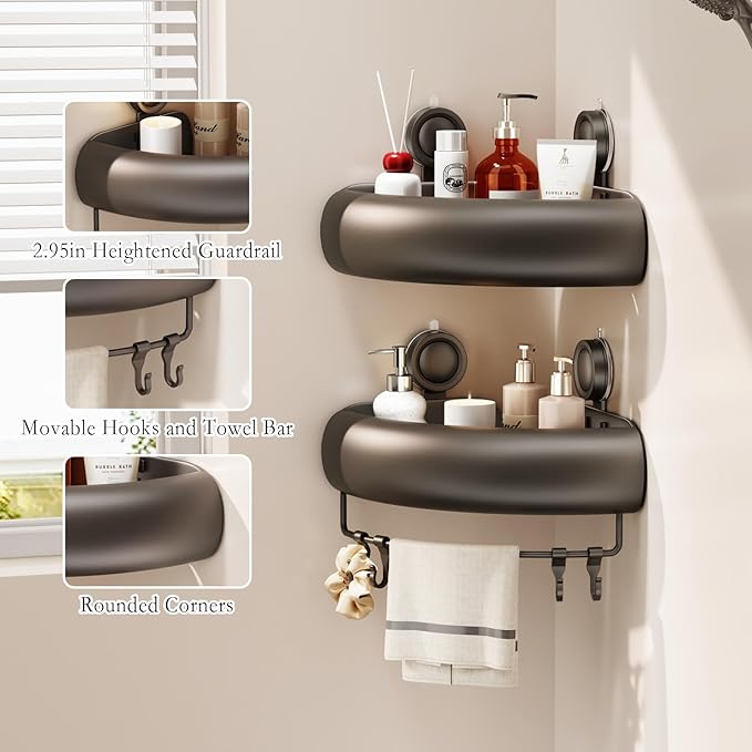 CICUFY Shower Caddy Suction Cup, 2 Pack No Drilling Corner Shower Shelves, Rust Proof Bathroom Storage Organizer, Shower Corner Caddy with Removable Hooks and Towel Bar, Triangle, Grey