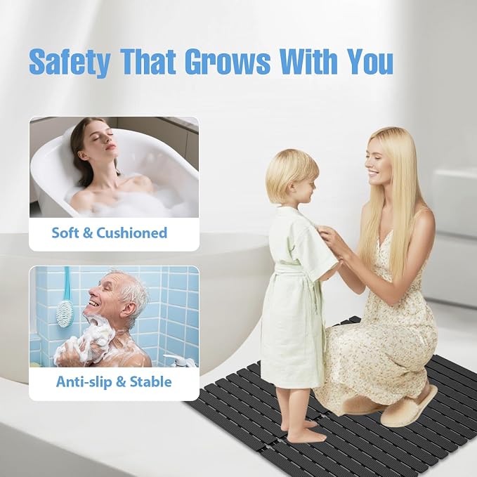 Shower Mat Non-Slip Bath Mat for Tub and Shower Stall,236 Suction Cups with Drain Holes, Quick Dry Machine Washable, Extra Grip for Stand Up Showers, Bathroom Essentials 24x24 Inch(Black)