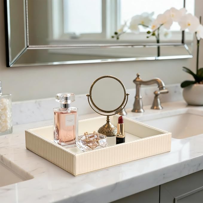 HofferRuffer Faux Leather Vanity Tray, Elegant Desktop Storage Organizer, Decorative Catchall for Perfume, Bathroom Valet, Nightstand or Dresser, 10.2 x 8.4 x 1.8 inches (CreamWhite Stripe)