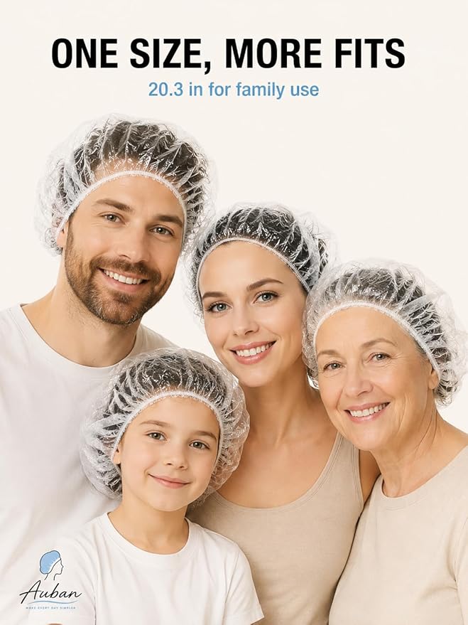 Auban 100PCS Disposable Shower Caps Independent Packing, Plastic Clear Hair Cap Large Thick Waterproof Bath Caps for Women, Travel Essentials Accessories (20.5")