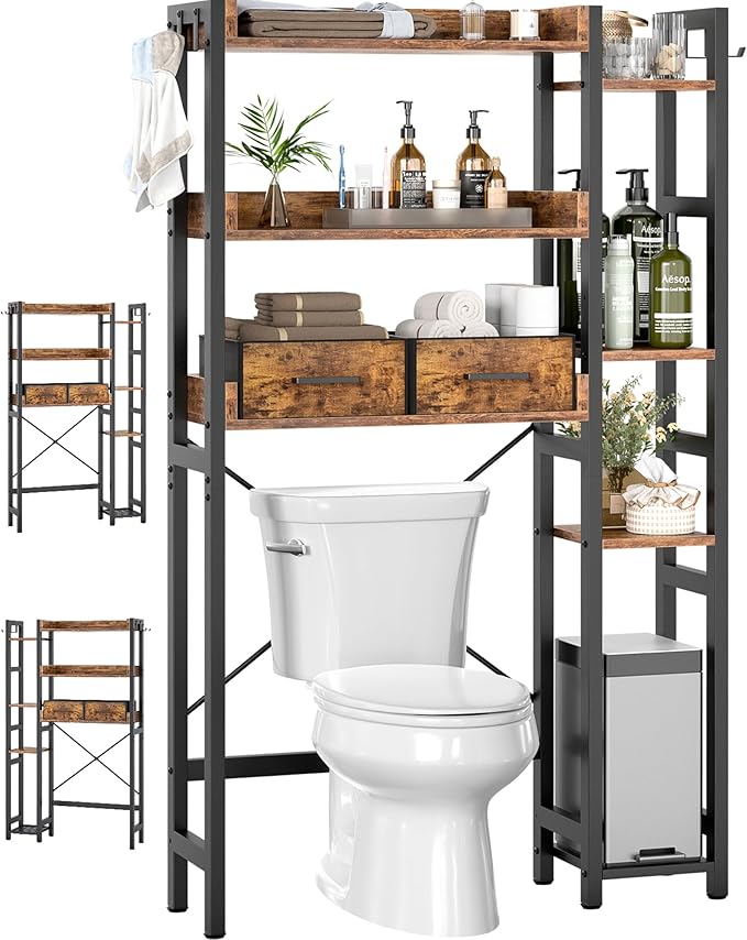 Besiost Over The Toilet Storage, 7 Tier Bathroom Organizer with Reversible Side Shelf and 2 Fabric Drawers, Adjustable Freestanding Rack Space Saver for Small Spaces, Rustic Brown