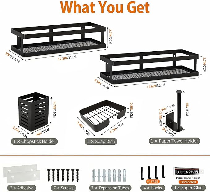 PUSDON 5-in-1 Shower Caddy & Kitchen Organizer Set, Wall Mount Wide Spice Rack with Paper Towel Holder, Utensil Holder, Soap Dish, Rustproof Mesh Baskets Hold 50LBS - Matte Black, Guardrail