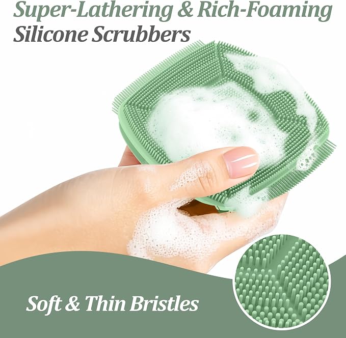 Silicone Back & Face Scrubber & Bath Glove Set 3PCS, 13.4'' Gentle Back Scrubber with Dual-Side Head, 360° Anti-Slip Bath Glove, Unique Side-bristled Face Scrubber for All-round Cleaning(Green)