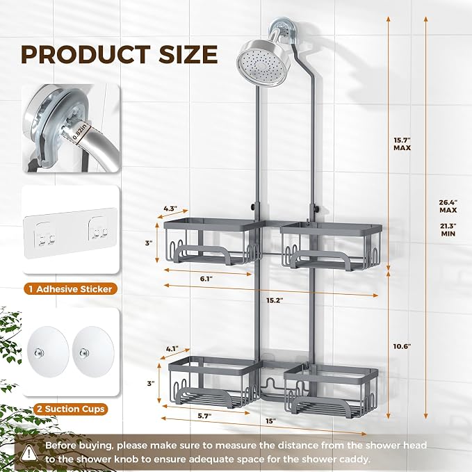 REINHARDT Adjustable Shower Caddy Hanging Split Shower Caddy for Handheld Showerheads, Rustproof Shower Organizer with Hooks for Razors Over the Head Caddy with Soap Holder Bathroom Accessories, Grey