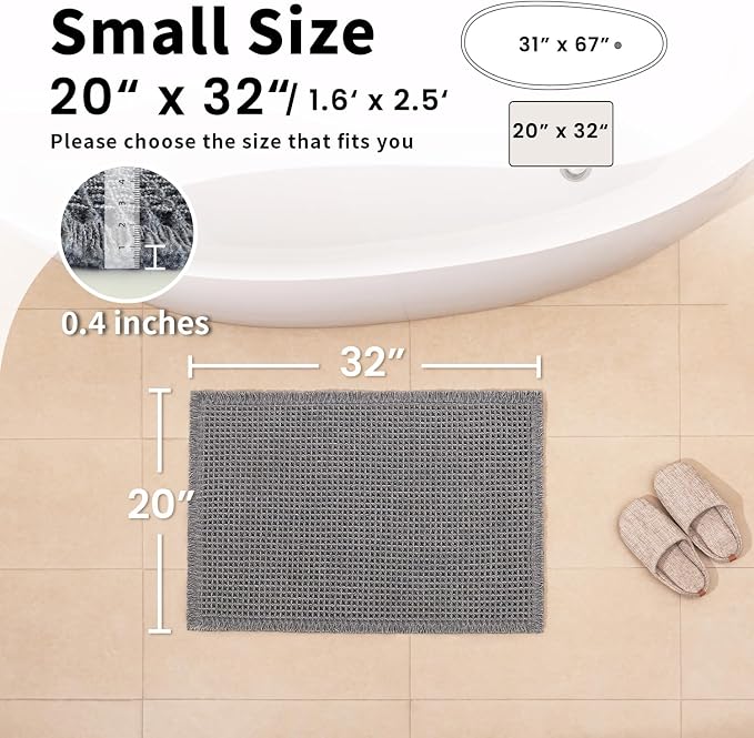 Waffle Bath Mat - Boho Bathroom Rugs Non Slip Washable, Super Absorbent & Quick Dry, Soft Bath Mat Farmhouse Bathroom Decor, 20'' x 32'', Dark Grey