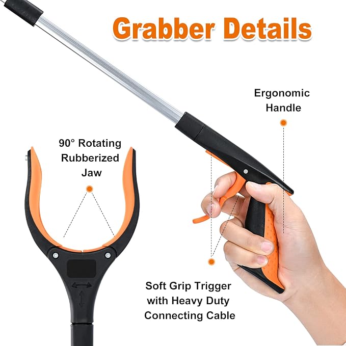 Grabber Reacher Tool,32 Inch Extra Long Foldable Pick Up Stick with Strong Grip Magnetic,360°Rotating Anti-Slip Jaw,Trash Claw Grabber Tool,Trash Picker Tool for Outdoor & Indoor (Orange)