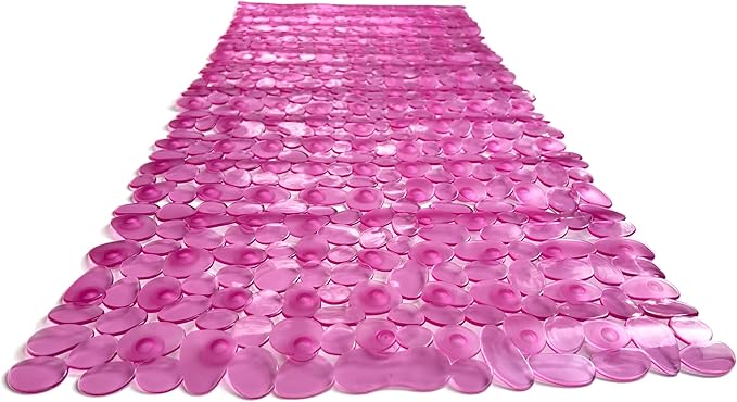 “Pebbles” Non-Slip Bathtub/Shower Mat 35"x16" Rectangular, Non-Toxic, Safe, Clean, Machine-Washable, Superior Grip & Drainage, Vinyl, for Smooth Floors ONLY, Transparent Pink