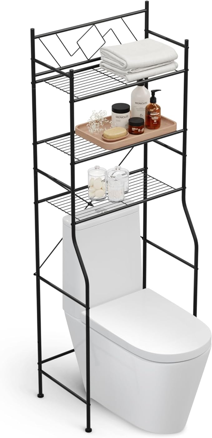 Home Zone Living Over the Toilet Storage Bathroom Organizer 3-Tier Freestanding Steel Frame Shelves with Wide Stabilizing Base and Adjustable Feet, Matte Black