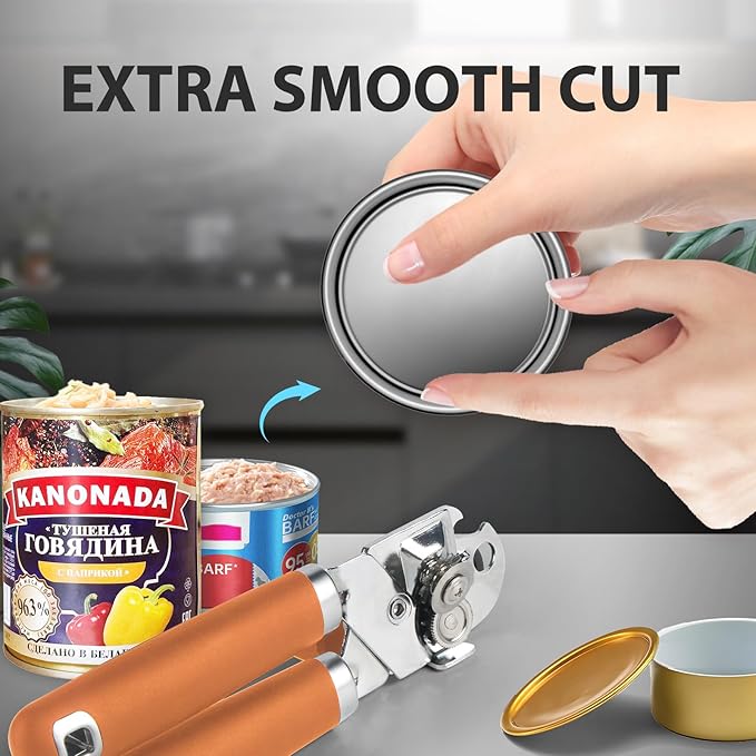 Safring Can Opener Manual, Heavy Duty Handheld Strong Can Opener with Soft Touch Handle, Sharp Blade Smooth Edge, Can Openers with Multifunctional Bottle Opener, Orange