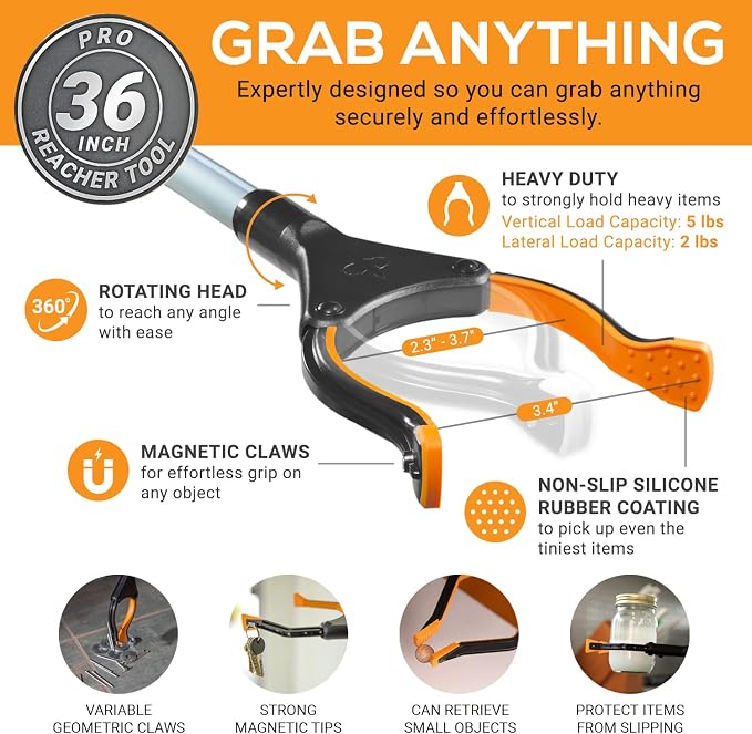 EZPIK® Grip Aid Tool Grabber Reacher + Magnets - Grabbers for Seniors, Trash Picker Upper Grabber - Trash Grabber Tool- Reacher Grabber Pickup Tool (Silver, 36″ (Pack of 2))