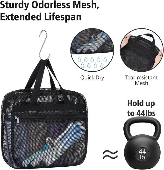 F-color Mesh Shower Caddy Portable with Zipper -Dorm Room Essentials for Guys Girls with S Hook, Shower Bag Basket Tote for College Camping Toiletry Bathroom, Black