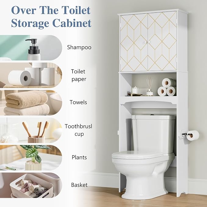 Gold Trim Over The Toilet Storage Cabinet, Double Doors Over Toilet Bathroom Organizer with Adjustable Shelves and Toilet Paper Holder, Modern Over Toilet Storage Cabinet for Bathroom (White)