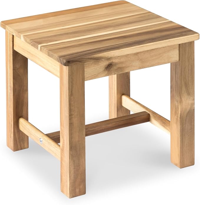 VICTORY RELAX 12 Inch Wooden Light Natural Step Stool, Small Nature Beach Chair Under Desk, Indoor Acacia Wood Short Footstool for Living Room, Kitchen, Bathroom