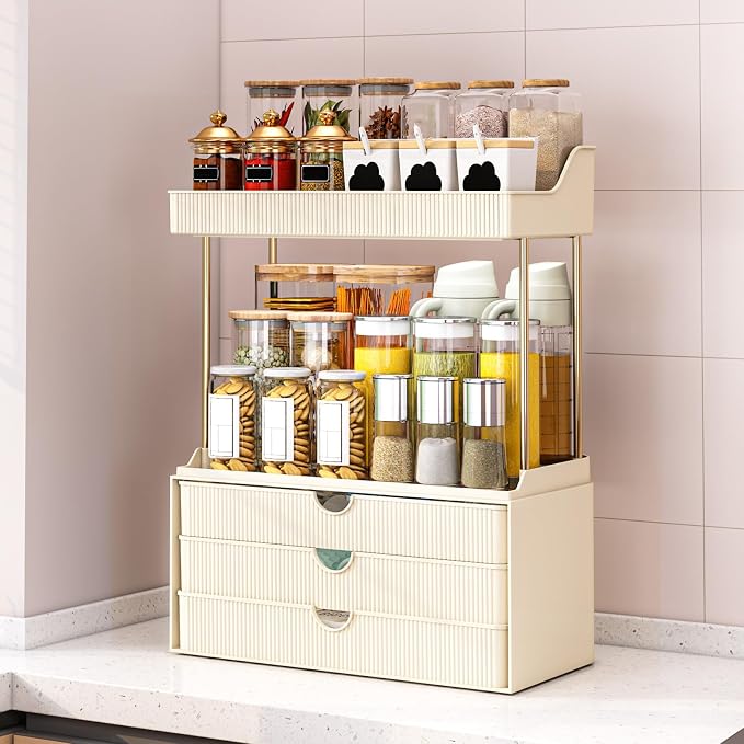 caktraie Bathroom Organizers and Storage - 3 Drawers 2 Tier Makeup Organizer, Cosmetic Storage Drawer for Dresser Countertop and Bathroom Vanity for Large Skincare, Perfume, Cream White