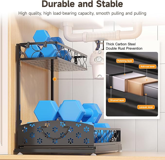 Sevenblue 2 Packs Under Sink Organizer, Height Adjustable 2 Tier Under Kitchen Sink Organizer, Multi-Purpose Storage Shelf for Kitchen Bathroom Cabinet (Metal, Extra Large)