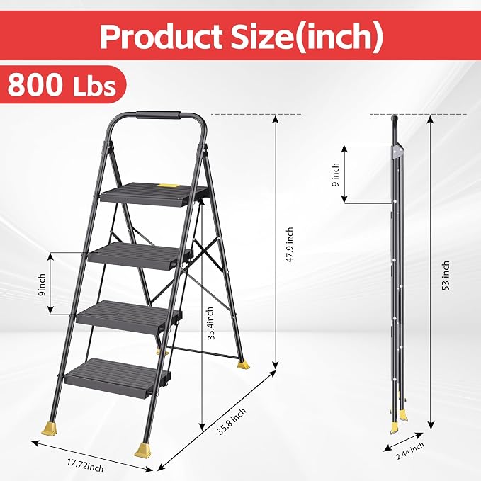 Foldable Step Ladder Stool for Home Adults, 4 Step Tall Extension with Handrails, Heavy Duty 800Lbs Ladder for Indoor Kitchen Closet Stair Use