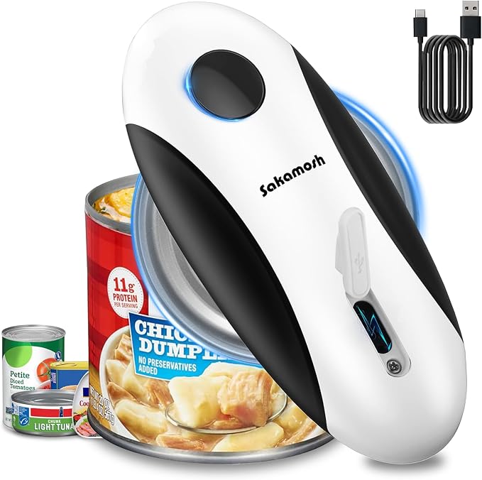 SAKAMOSH Rechargeable Can Opener Electric for Seniors, Hands Free Electric Can Opener with Smooth Edge for Kitchen, One Touch Automatic Opener Fits Most Cans
